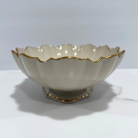 VTG MCM Lenox Scalloped Edge Centerpiece Bowl Ivory 24K Gold Trim Trinket Dish - Picture 4 of 10